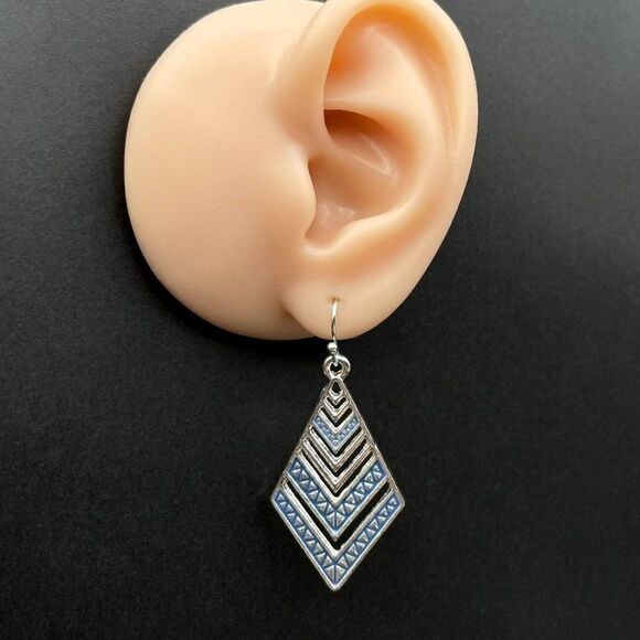 Silver with Blue Enamel Boho Tribal Rhombus Chevron Dangling Drop Hook Earrings - Picture 8 of 9